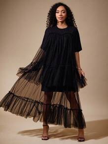 Vixey Vestido maxi con camiseta de manga corta de malla con lunares en capas - Negro - Ver 5