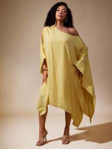 Vixey Solid Sheer Chiffon Ruffle Batwing Flowy Dress, Going Out Outfits, Date Night Outfits Women, Night Out Outfit, Wedding Gust Dress, Wedding Gust Dress Elegant, Yellow Dress, Batwing Sleeve Dress, One Shoulder Dress - Yellow - View 4