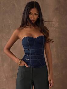 SHEIN BAE Damtopp med spänne och figurnära design i denim - Mörktvätt - Visa 3