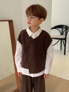 Hapijoa 2pcs/Set Toddler Boys Minimalist Sleeveless Top And Straight Leg Pants, Casual Loose Outfit, Autumn - Brown - View 5