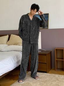 DAZY Men's Solid Color Corduroy Fabric Gray Shirt And Pants Loungewear Set, Autumn, Fall Clothes Pajama