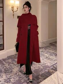 DAZY Women's Loose Waist Long Overcoat With Scarf Collar, Casual City Style,New Year - Burgundy - View 5