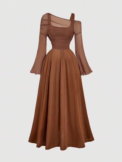 SHEIN MOD 大码棕色露肩网纱二合一喇叭袖长袖女式连衣裙，西部风，复古风，70年代风格，单身女郎，情人节