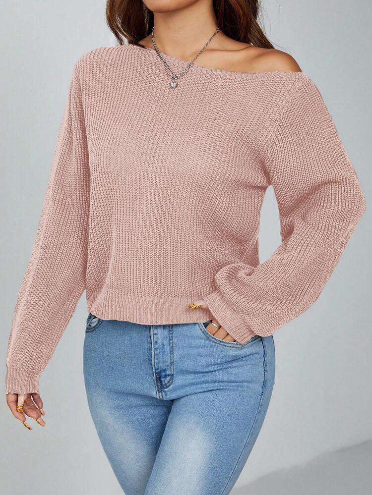 SHEIN PETITE 套头斜肩女毛衣女毛衣一字肩针织衫露肩毛衣毛衣上衣长袖毛衣秋冬 - 藕粉色 - 查看 1