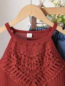 Sparklyn Girls' Vacation Beach Countryside Summer Crochet Lace Trim Fitted Cropped Camisole - Burgundy - View 3