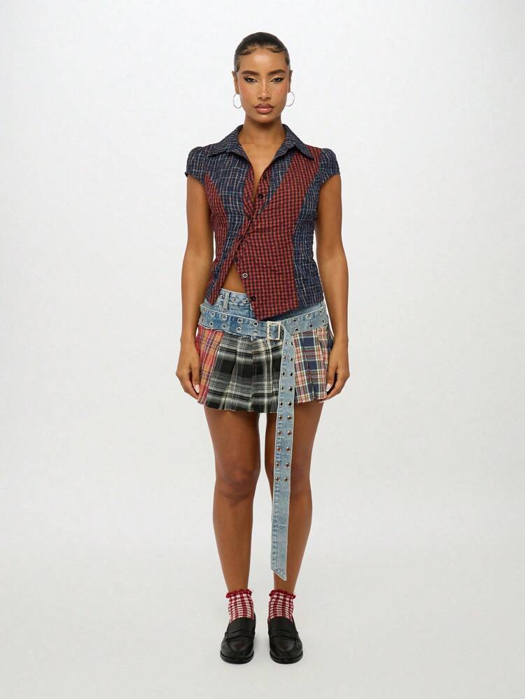 SUMWON WOMEN Asymmetric Plaid Button Down Fitted Shirt With Contrast Pattern