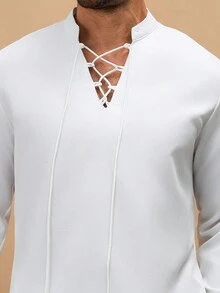 Manfinity Homme Men's Young Drawstring Collar Design Stand Collar Shirt Top And Elastic Waist Pants Set, Fall Clothes - White - View 7