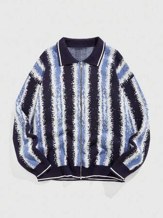 Prep Cardigan casual à rayures blocs de couleurs pour hommes, automne/hiver