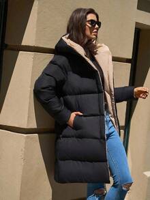 SHEIN Tall Two-Tone Hooded Pocket Zipper Stand Collar Mid-Length Padded Coat