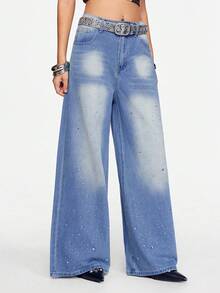 ROMWE Street Life Women's Casual Everyday Washed Rhinestone Embellished Wide Leg Jeans