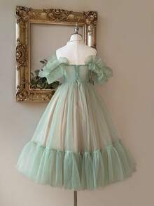 Lovelzi 优雅浪漫的绿色网眼荷叶边露肩收腰派对鸡尾酒会礼服 - 綠色 - 查看 2