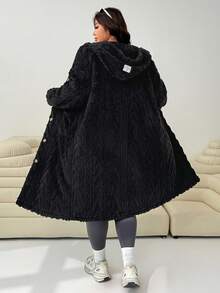 Solflare Plus Size Textured Thick Double-Sided Fleece Long Jacket, Autumn/Winter Fall Plus Size Winter Clothes - Black - View 2