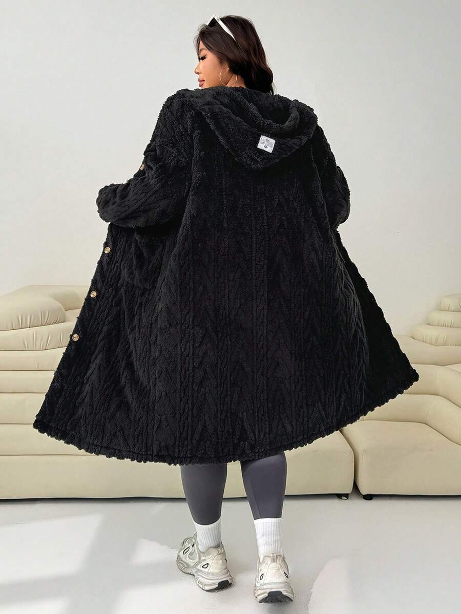 Solflare Plus Size Textured Thick Double-Sided Fleece Long Jacket, Autumn/Winter Fall Plus Size Winter Clothes