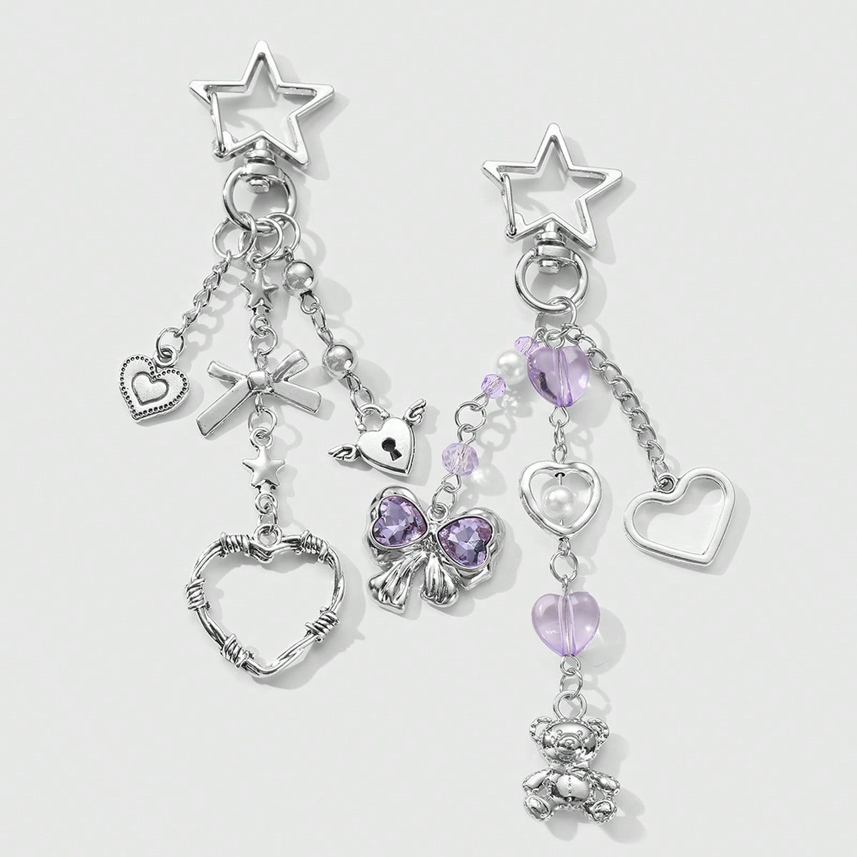 2pcs Y2K Chic & Stylish Silver Star Chain Hollow Thorn Heart Crystal Bow Butterfly Wings Teddy Bear Lock Key Chain Bag Charm Combo Set, Suitable For Sisters, Girlfriends, Couples, Friends Daily Wear, Festive Gift