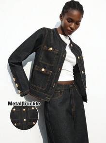 Maija 女式休闲单排扣长袖牛仔夹克 - 深色水洗藍 - 查看 2