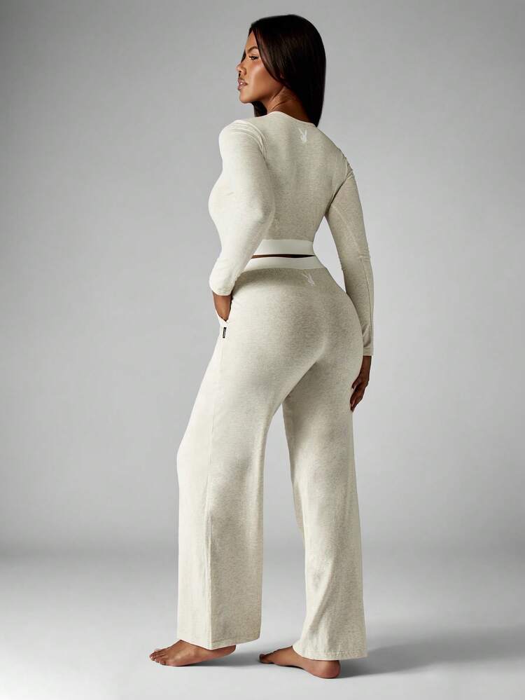 Missguided x Playboy Christmas Ribbed Crop Top And Wide Leg Pants With Logo Detail