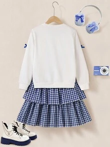 SHEIN Explorewe 2pcs Girls Casual Outfit: Cute 3D Bow Decor Long Sleeve Sweatshirt And Classic Plaid Bow Skirt, Back To School 2025 Kids' Collegiate Wear And Sportswear - Multicolor - View 2