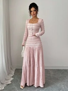 Selianne Women's Pink Textured Fabric Casual Vacation Style Long Sleeve Square Neck Button-Up Top With Paneled Design And Flared Maxi Skirt 2 Pieces Set, Autumn Fall Cloth For Women - Pink - View 5