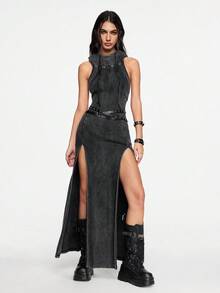 ROMWE Grunge Punk Trang phục lễ hội âm nhạc Punk Apocalyptic Wasteland có mũ trùm đầu hở lưng, buộc dây, xẻ tà cao, họa tiết bông tuyết ôm sát dành cho nữ - Màu xám đen - Xem 5