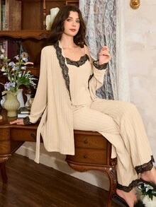 Côtesoire 三件套法式优雅提花蕾丝睡衣套装，秋冬服装 - 杏色 - 查看 6