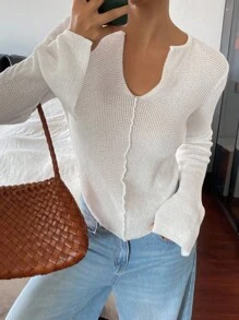 DAZY Áo len dệt kim dáng ôm tay dài xẻ tà màu trơn cho nữ, mùa thu/đông - trắng - Xem 6