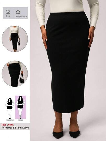 SHEIN Tall CURVE 大码女式纯色弹性腰部铅笔优雅办公室中长裙