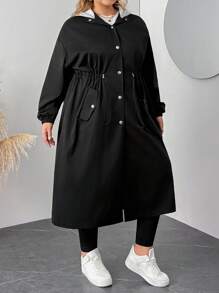 SHEIN CURVE+ 大码女式长袖单排扣抽绳腰休闲撞色连帽风衣女式长外套女式长外套开放式长袍大码夹克适度外套，女式秋季服装冬季秋冬 - 黑色 - 查看 5