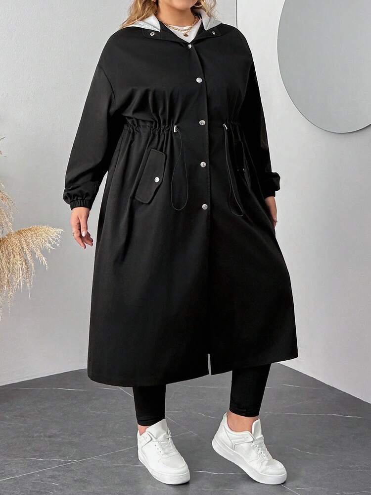 SHEIN CURVE+ 大码女式长袖单排扣抽绳腰休闲撞色连帽风衣女式长外套女式长外套开放式长袍大码夹克适度外套，女式秋季服装冬季秋冬 - 黑色 - 查看 5