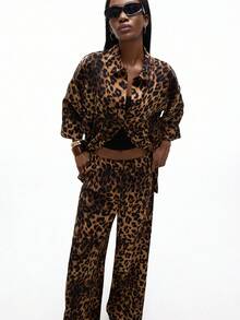 Aveloria GENKIRA 2pcs Set: Random Print Leopard Pattern 3/4 Sleeve Shirt Collar & Wide Leg Loose Pants Fall Cloth For Women - Multicolor - View 6