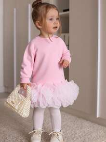 Babyflicka Söt Avslappnad Stickad Patchwork Organza Långärmad Klänning - Rosa - Visa 1