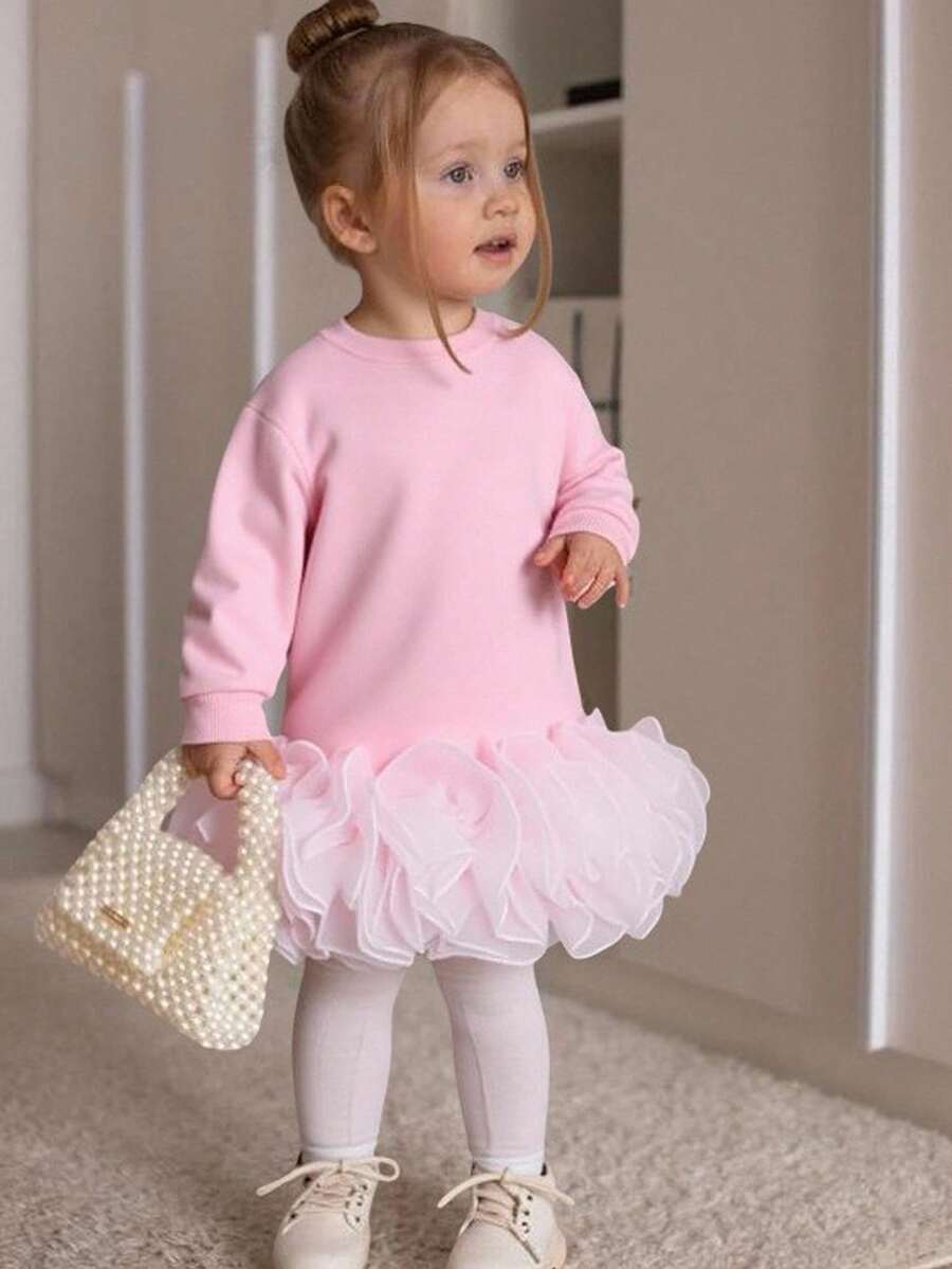 Babyflicka Söt Avslappnad Stickad Patchwork Organza Långärmad Klänning - Rosa - Visa 1