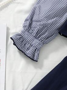Tween Girl Plaid Patchwork Puff Sleeve Shirt And Mini Skirt Set Fall Winter - Blue - View 4