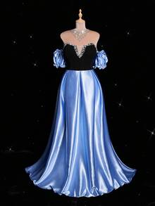 Viva Relle 大码女式优雅浪漫派对鸡尾酒婚礼宾客礼服，蝴蝶结露肩仿珍珠装饰泡泡袖，塔夫绸腰部收紧 A 字飘逸长裙 - 彩色 - 查看 3