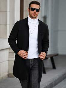 Manfinity CasualCool Áo khoác nam dài tay màu trơn có túi và nút phía trước, áo khoác nam dài sang trọng màu đen, thu đông - màu đen - Xem 1