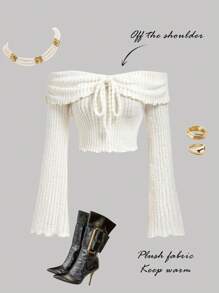 SHEIN MOD Women's Fuzzy Off Shoulder Solid Color Flare Sleeve T-Shirt,Halloween,Off The Shoulder Top,Concert Outfits For Women,Boho Women Clothing,Back To School,Fall Clothes For Women,Going Out Tops Women,Fall Outfits,Winter Outfits,Chic Top