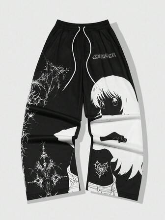 Street Life Men's Cartoon Character Print Drawstring Waist Loose Casual Straight Leg Acid-Washed Pants, Fall