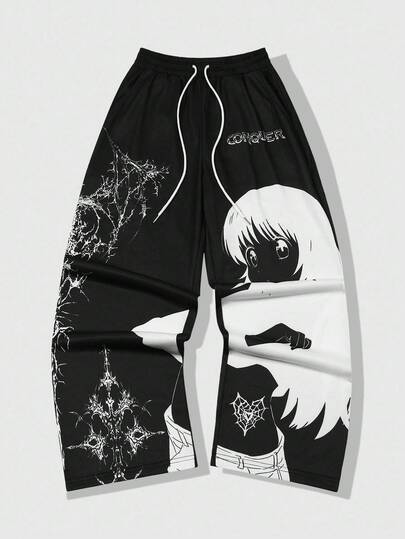 Street Life Herren Hose mit Cartoon-Charakterdruck, Kordelzug in der Taille, locker geschnitten, gerade Bein, säuregewaschene Optik, Herbst