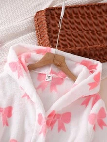 Girls' White Strawberry Print Long Sleeve Hooded Long Robe Sleepwear Toddler Robe Girl Robe With Pink Bows Fall Winter - Multicolor - View 5