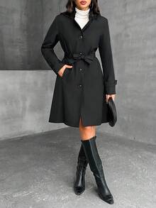 EURMUSE Women's Long Fit FW Fashion Belted Hooded Regular Coat - Black - View 1