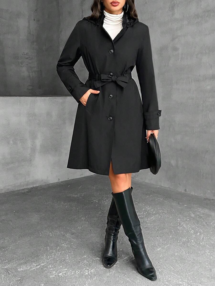 EURMUSE Women's Long Fit FW Fashion Belted Hooded Regular Coat - Black - View 1