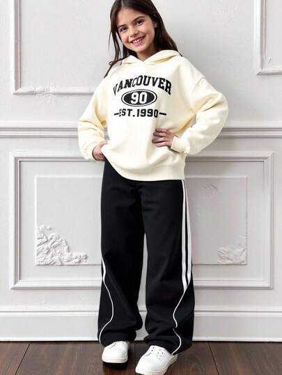 SHEIN 青少年女孩休闲复古图案连帽运动衫和撞色慢跑裤/阔腿裤/高腰裤套装，黑色/棕色/米色，运动休闲，户外运动，街头风格，返校