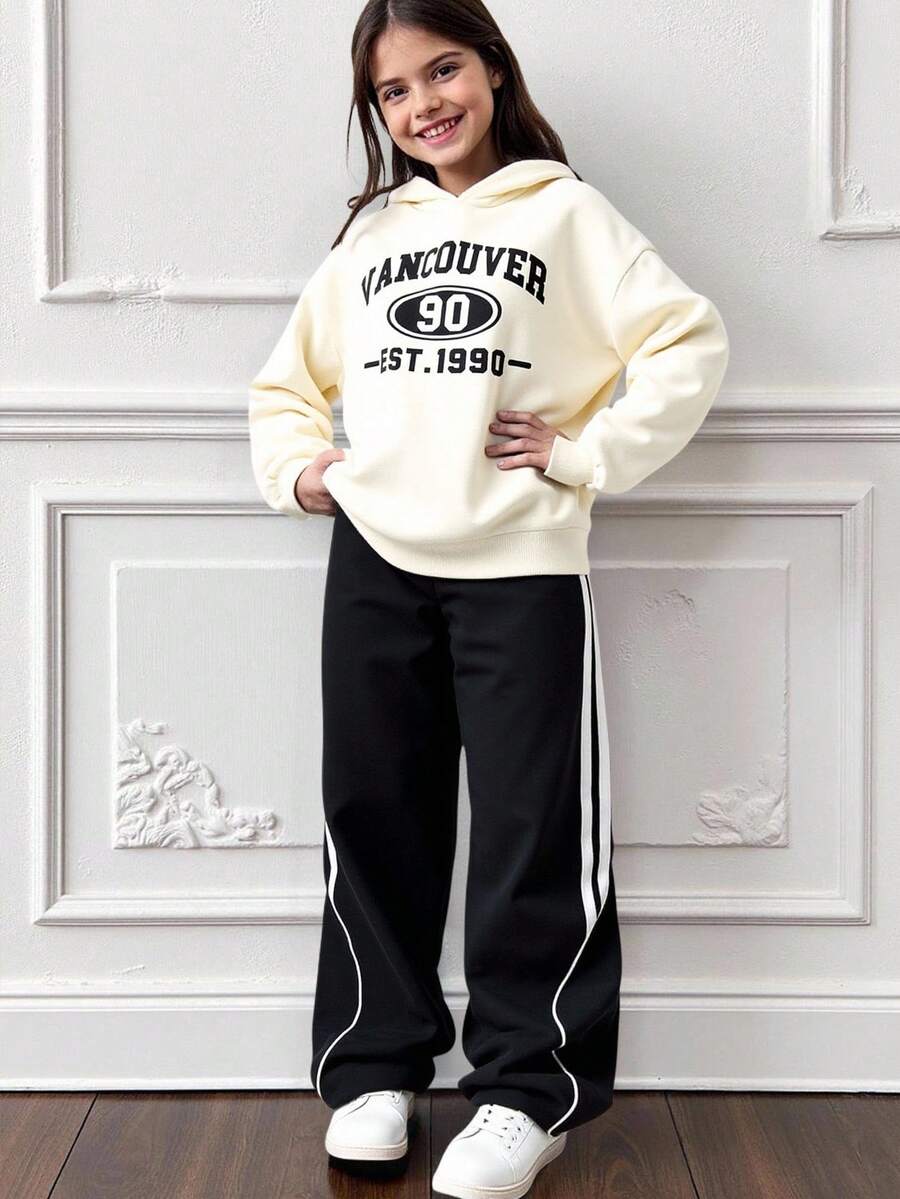 SHEIN Tween Girl Casual Retro Graphic Hooded Sweatshirt & Contrast Color Wide Leg Pants Set,Black,Autumn,School,Back-To-School Fall Winter Athleisure Outfit