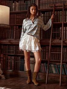 Athîral 女式条纹 Polo 领落肩长袖休闲宽松 T 恤 - 彩色 - 查看 3