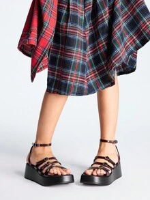 Sugerpunk Women's Fashion Platform Black Thick Sole Burgundy Strap Metal Buckle Street Party Sandals