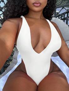 Alexandranx 夏季女式性感深 V 领高腰露背连体泳衣 - 白色 - 查看 4