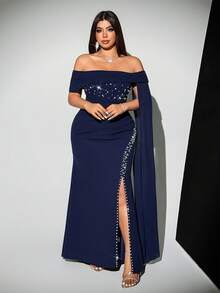 Viva Relle 大码女式优雅奢华派对/婚礼宾客轻盈连衣裙，串珠网眼，立领长袖，收腰 A 字裙 - 藏蓝色 - 查看 1