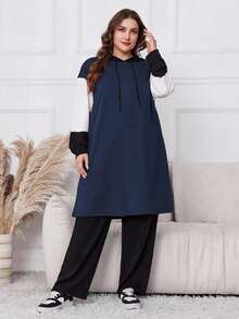 Lacomfia Plus Size Solid Color Patchwork Long Sleeve Hoodie And Pants 2pcs Set 2 Pieces Set - Navy Blue - View 4