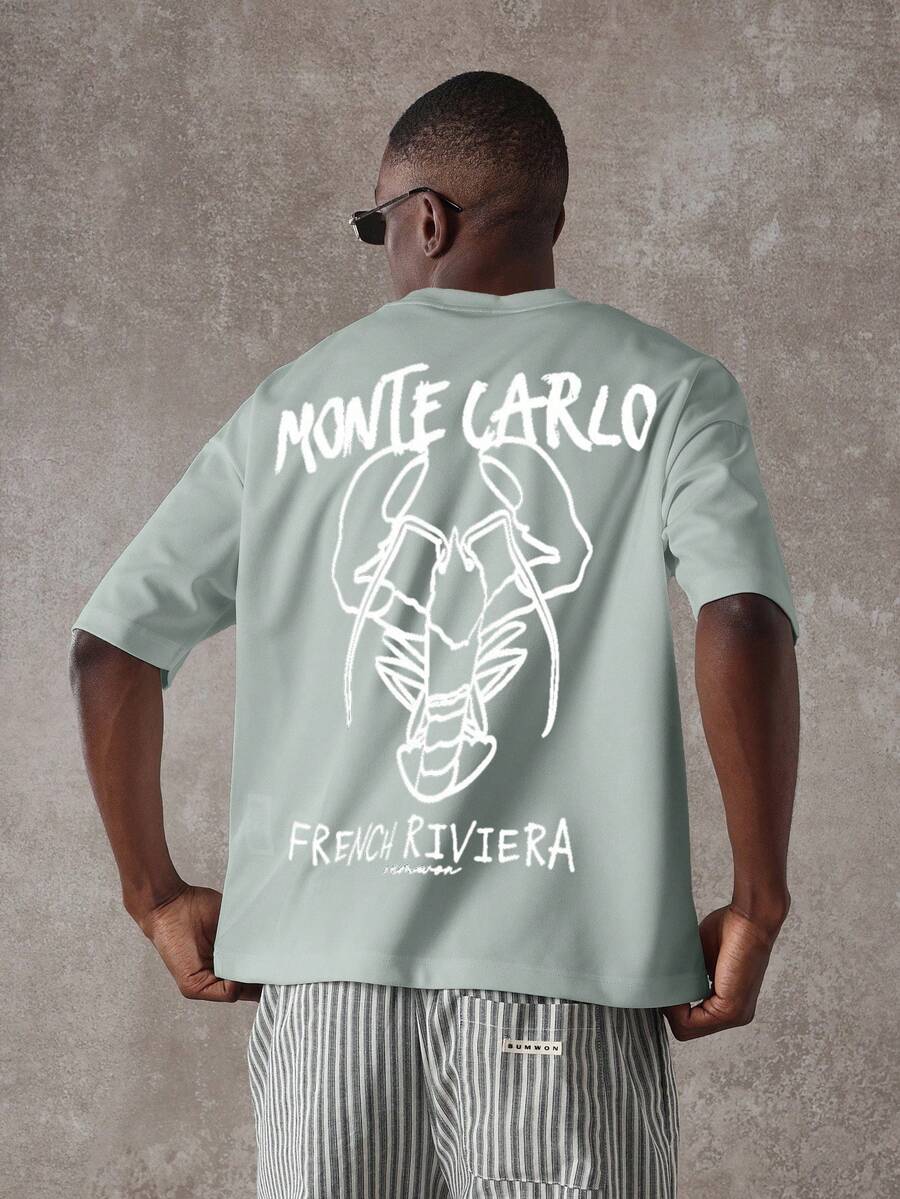 SUMWON 蒙特卡洛法国里维埃拉奢华夏季T恤超大街头风格度假休闲地中海高级沿海休闲装龙虾设计 - 藍色 - 查看 1