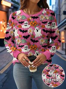 EMERY ROSE Plus Size Ghost, Pumpkin & Bat Print Raglan Sleeve Sweatshirt For Halloween Fall Cloth For Women Winter Autumn - Multicolor - View 1