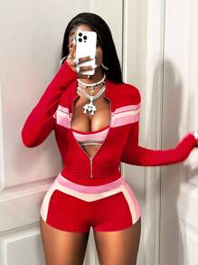 BamGleam 女士街头服饰撞色拉链开衫和吊带背心搭配短裤套装 - 彩色 - 查看 8